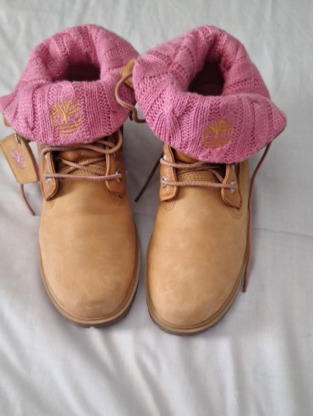 Timberland Kids Wheat Boots with Pink Knit Collar